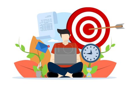 Illustration for Stay focused concept. working man with goals, schedule and new mail. Work in focus, productivity, self-discipline. Achievement of objectives. Vector illustration for web design, banners, UI - Royalty Free Image