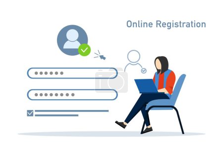 Online-Registrierungskonzept, Benutzeroberfläche für die Registrierung. Frau erstellen Sie ein neues Konto mit sicherem Login und Passwort. Nutzer registrieren sich online. Login, registrieren. Vektordarstellung in flacher Form für App, UI