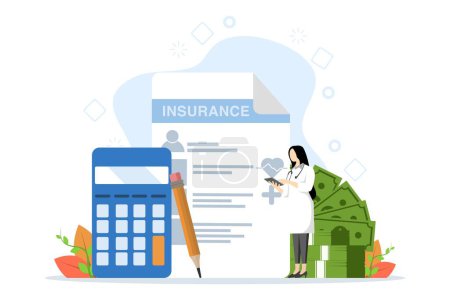 health insurance concept, health insurance. Medical insurance form, calculator, pencil, money, flat design graphic elements, insurance record characters. Flat vector illustration.