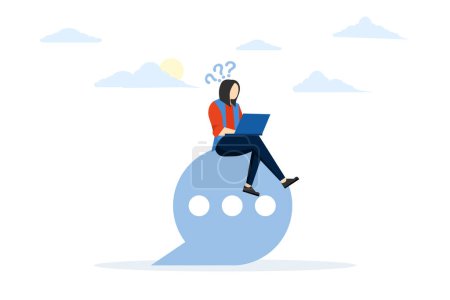 Illustration for Overthinking. Confused thinking hard, looking for a solution. a businessman sitting on a speech bubble communicating and working with a laptop. flat vector illustration. - Royalty Free Image