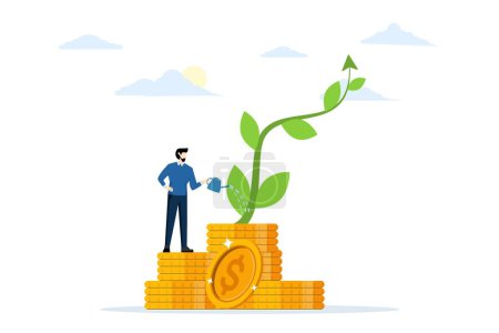 Illustration for Investment growth or business growth, A businessman watering a small plant shaped like a growth chart. make profit in stock market or income growth concept. flat vector illustration. - Royalty Free Image