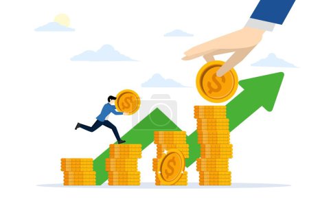 investment concept, Start saving to meet your financial goals. Compound Interest Profit with growing business graph. Businessman walking on pile of coins as a growing business symbol.
