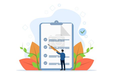 Illustration for Businessman checking documents. Project tracking or goal tracker. Successfully completed part of checklist and progress well done. flat vector illustration on a white background. - Royalty Free Image