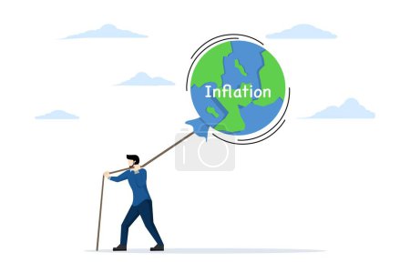 Ilustración de Aumento de los tipos de interés del banco central. Riesgos económicos globales. Burbuja de inflación mundial. La oferta y la demanda son equilibradas. Empresarios tratan de evitar que el globo inflacionario aumente. - Imagen libre de derechos