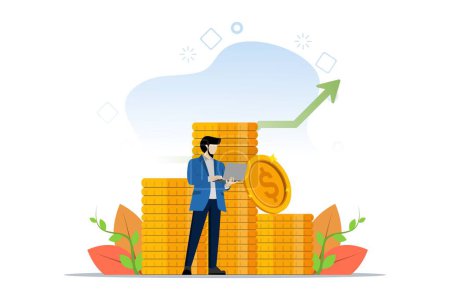 Business, finance and investment concept. businessman or financial consultant standing on pile of coins and working with laptop. Money growth. Internet banking and income concept. Vector illustration.