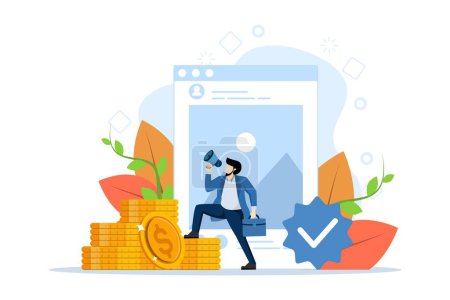 Concept of blog monetization, earn money on internet, online income. Men make money online on social media. Bloggers monetize blogs and share posts. Flat vector illustration on a white background.