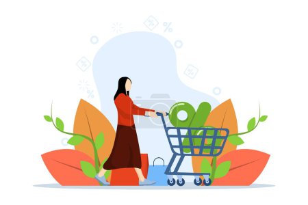 Les femmes et le shopping. Pourcentage de produit et symbole de réduction de prix. Les jeunes femmes aiment acheter des produits bon marché. promo pour les achats en ligne, illustration vectorielle plate sur fond blanc.