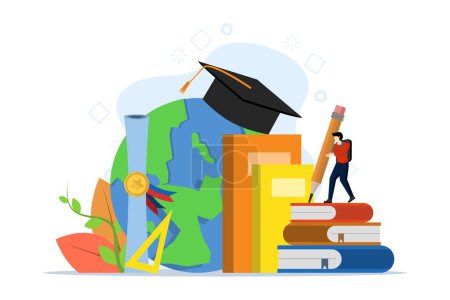 Illustration for University campus vector illustration concept with students and school elements. back to school. school season. University entrance examination. costs to enter the university. flat vector illustration. - Royalty Free Image