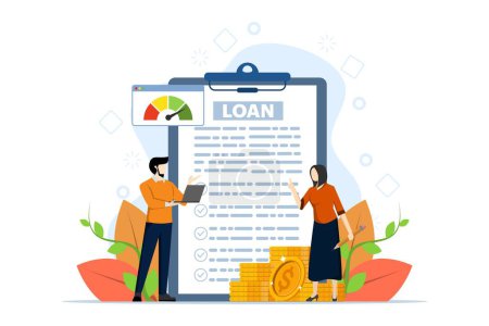 Illustration for Loan disbursement concept, credit rating, payment deferment with little people. bank service. Risk evaluation, student loan, payment terms, financial hardship metaphor. flat vector illustration. - Royalty Free Image