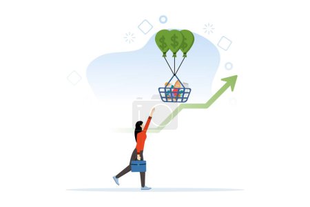 Illustration for Concept of rising food prices. Increase in food prices due to inflation. Consumer goods float in hot air balloons. world food crisis. Flat vector illustration on a white background. - Royalty Free Image