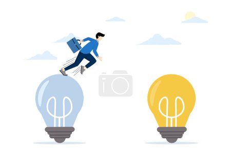 Illustration for Concept Business transformation, management change or transition to better innovative company, improvement and adaptation to new normal, smart businessman jumping from old to new shiny light bulb idea. - Royalty Free Image