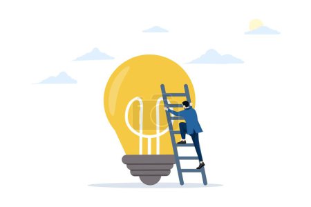 Illustration for Concept of developing ideas for career growth, accumulating knowledge, creativity or skills to help a better life. Businessman climbing ladder to stand on big idea light bulb. flat vector illustration. - Royalty Free Image