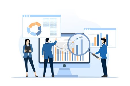analytics and monitoring concept, business team on web reporting dashboard monitoring, and data analytics research for business financial planning. flat vector illustration design on white background.