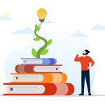 Knowledge, wisdom to create new ideas, creativity or innovation from reading books, education or learning new skills for success, library, smart young man with pile of books with light bulb plant.