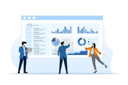 Illustration for Admin dashboard concept. Dashboard with daily statistics chart, flat vector business people working online in home office on web monitor dashboard with internet network technology. - Royalty Free Image