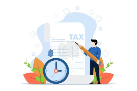 Illustration for Concept of tax time reminder, income tax planning, government payment date or financial return, income schedule or calculation, businessman holding pencil with tax paper document and clock. - Royalty Free Image