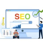 SEO or Search Engine Optimization concept, website search results, advertising or marketing to improve web ranking or user discovery concept, team analysis to optimize SEO. flat vector illustration.