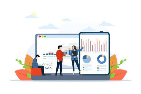 Illustration for Data analysis concept with businessman character. Teamwork business analyst graphs and sales management statistical diagrams and operational reports flat vector illustration. Financial report metaphor. - Royalty Free Image