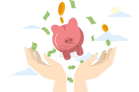 Illustration for Concept of budgeting or cutting expenses to save money for the future, saving for prosperity or financial success, building wealth or frugality, dollar coins falling into hand holding piggy bank. - Royalty Free Image
