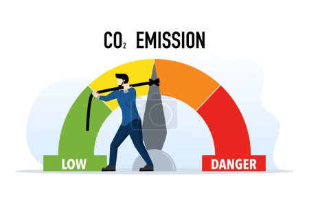Illustration for Zero emission concept, clean and sustainable technology, humans limit CO2 emission levels to low, stop global warming template. environmental care. flat vector illustration on white background. - Royalty Free Image