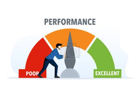 The concept of performance indicators, the concept of business improvement or growth, improving performance assessment with humans pushing the indicator needle to excel. flat vector illustration.