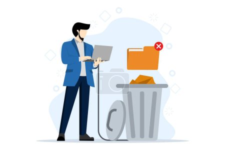 Illustration for Concept of deleting files, cleaning computer, deleting processes. A man deletes files from a laptop to the trash. The user deletes the folder with documents to the trash. Flat vector illustration. - Royalty Free Image
