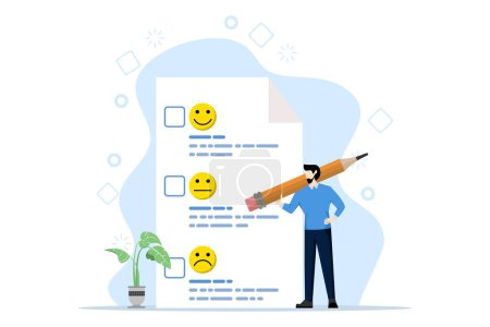 Illustration for Customer assessment concept. Feedback from consumers liking products and services, customer satisfaction benchmark, man holding pencil giving rating on questionnaire with happy, neutral and angry face. - Royalty Free Image