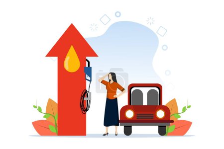 Illustration for Fuel price increase concept. Gasoline prices, world oil price crisis. woman and her car Waiting to be filled with oil. global oil crisis. flat vector illustration on white background. - Royalty Free Image