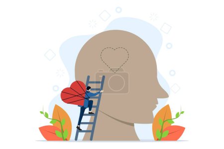 The concept of emotional intelligence and the ability to understand feelings and emotions, mental health, balance between thoughts and emotions, man with his heart climbing the stairs to his head.