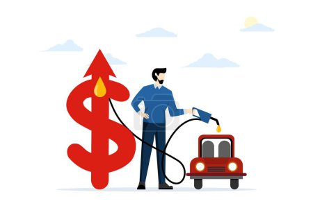 Illustration for Concept of rising fuel prices, fuel economy crisis and expensive gas prices. A young man is refueling his private car. fuel prices soared. inflation. flat vector illustration on white background. - Royalty Free Image