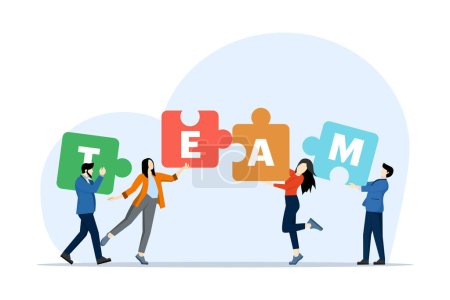 Konzept der Problemlösung, Management, intelligente Planung, Kollegen, die effektive Lösungen für Arbeitsprobleme entwerfen, Team von Geschäftsleuten oder Geschäftspartnern, die ein Puzzle zusammensetzen.