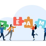 Concept of problem solving, management, smart planning, Colleagues designing effective solutions to work problems, Team of business people or business partners putting together a jigsaw puzzle.