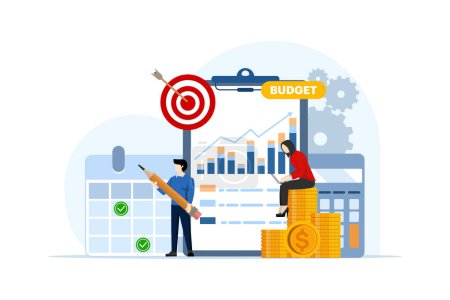 Illustration for Concept of budget business strategy, financial and accounting reports, budget calculations, economics and investment, data analysis, income or business budget. vector flat illustration on background. - Royalty Free Image