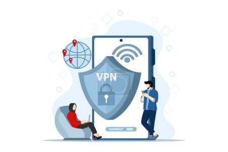 Illustration for Virtual Private Network Concept. People Use VPN Technology System to Protect their Personal Data on Smartphones, vpn technology system, browser unblock websites, internet connection. - Royalty Free Image