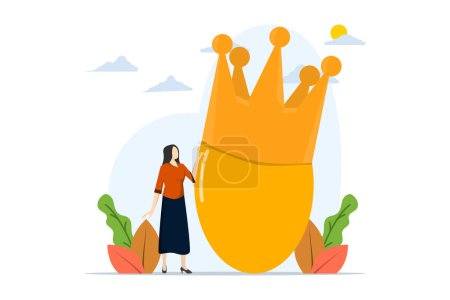 Concept of prosperity or valuable assets, golden egg investment, valuable retirement fund, wealth or savings, 401k or IRA, rich woman with crown wearing precious golden egg.