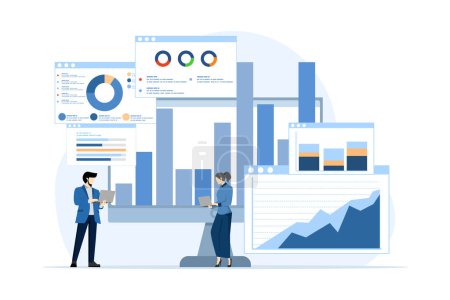 Business data analysis concept, Market Research, Planning, Product testing, statistics, financial infographics, management concept with business team doing analysis and research, flat illustration.