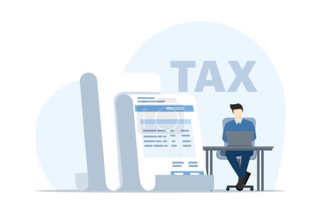 Illustration for Taxation concept. tax statement. The character prepares documents to calculate taxes, creates income tax returns, and calculates business invoices. Flat vector illustration on white background. - Royalty Free Image