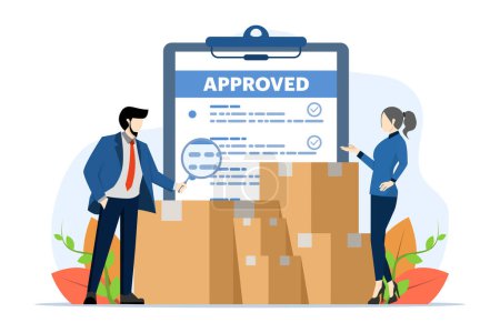 Inventory control concept, Warehouse management, Logistics services, Warehouse employees keep delivery records, Manage incoming and outgoing goods, flat vector illustration on a white background.