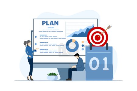 Illustration for Development plan concept. Teams navigate digital planning, allocate resources, monitor results, and adapt strategies. Digitization, task tracking and feedback loops. Flat Vector Illustration. - Royalty Free Image