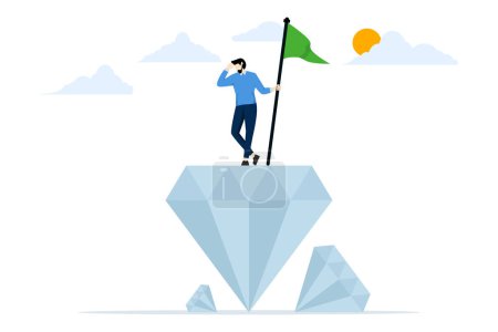 Illustration for Concept of quality, value or excellence. businessman holding a victory flag on a valuable high value diamond. Value proposition, marketing that benefits customers to buy products and services. - Royalty Free Image