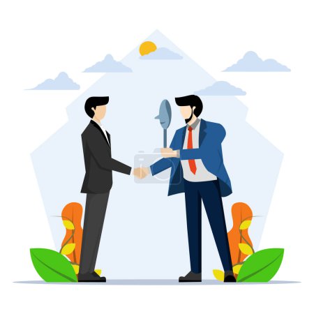 Illustration for Concept of dishonest or false agreement, deception or suspicion, betrayal, hidden threat ready to stab in the back. businessman shaking hands with one of the masks to hide his true thoughts. - Royalty Free Image