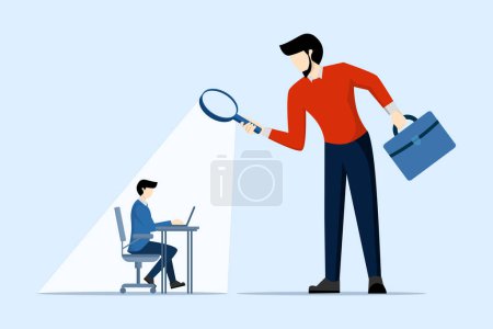 Illustration for Micro manager boss using magnifying glass watching employee work. Micromanaging bosses, toxic managers who monitor every detail, oversight and control over employee work and processes. - Royalty Free Image