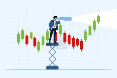 Illustration for Businessman investor looking through binoculars at trading candlestick chart. Investment estimation or prediction, concept of future profits in stock trading, vision of seeing investment opportunities. - Royalty Free Image