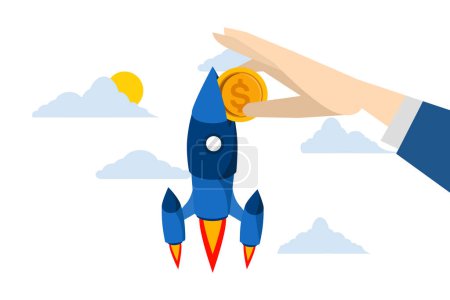 Illustration for Concept Funding a new company or venture capital investment, investor entrepreneur putting coin into innovative rocket to launch cost or company budget for new business, paying project launch concept. - Royalty Free Image