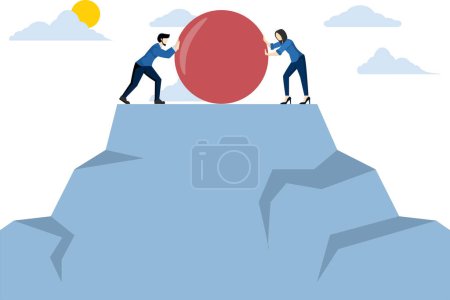 Illustration for Concept of business competition, knocking each other down, leadership competition between two businessmen pushing a big rock to each other to eliminate the competition. flat vector illustration. - Royalty Free Image
