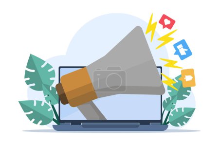 Marketing concept in social media, strategy, online business, startup, trend, viral, like, hashtag and comment, flat vector illustration banner background for website landing page.