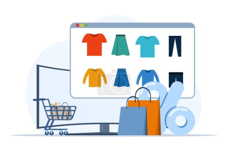 Illustration for Concept of online shopping, e-commerce, flash sale, discount, cashless payment, digital, people doing online shopping transactions, smartphones and shopping cards doing online shopping. - Royalty Free Image
