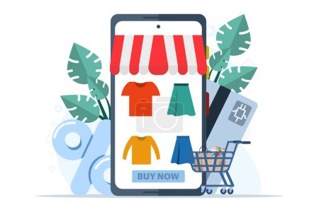 Illustration for Concept of online shopping, e-commerce, flash sale, discount, cashless payment, digital, people doing online shopping transactions, smartphones and shopping cards doing online shopping. - Royalty Free Image