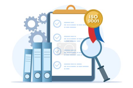 das Konzept der Erfüllung der Qualitätskontrollstandards und der Erlangung des ISO 9001-Zertifikats. Qualitätsmanagement-Zertifizierung, Standardisierungskonzept für die Industrie. Flache Vektorabbildung auf weißem Hintergrund.