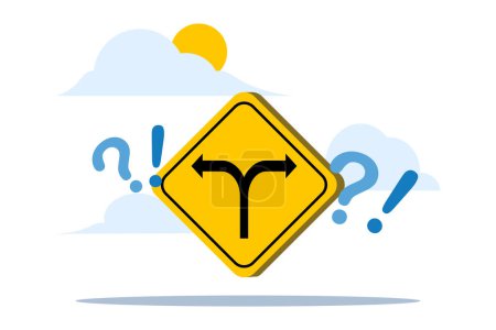 Konzept der Entscheidung, einen Weg, eine Alternative oder eine Wahl zu wählen, einen Karriereweg zu bestimmen, Entschlossenheit oder das Denken, eine Lösung zu finden, zweiseitiges Verkehrszeichen mit einem Fragezeichen, das Verwirrung symbolisiert.